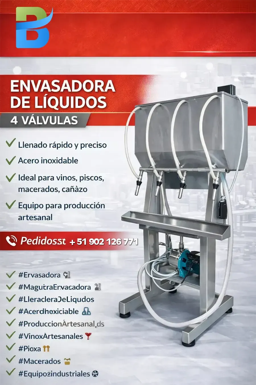 Envasadora de líquidos de 4 válvulas en Perú