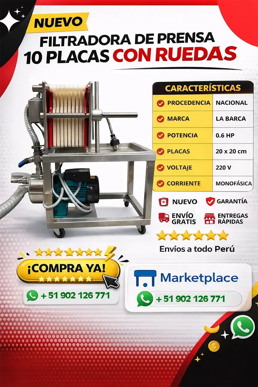 Filtradora de prensa de 10 placas con ruedas en Perú
